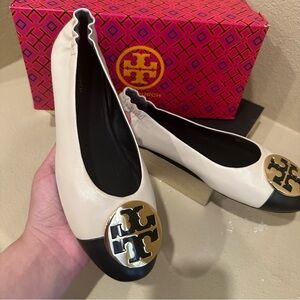 Tory Burch Claire Ballet Flat Cream and Black Loafers with Gold